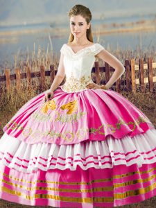 Floor Length Hot Pink Sweet 16 Quinceanera Dress Satin Sleeveless Embroidery and Ruffled Layers