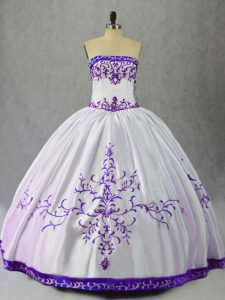 White And Purple Satin Lace Up Scoop Sleeveless Floor Length Sweet 16 Quinceanera Dress Embroidery
