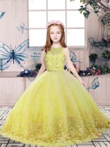 Fantastic Yellow Green Scoop Neckline Lace and Appliques Little Girls Pageant Dress Sleeveless Backless