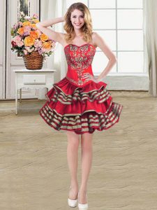 Modern Wine Red Taffeta Lace Up Sweetheart Sleeveless Mini Length Prom Party Dress Embroidery and Ruffled Layers