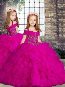 Fuchsia Tulle Lace Up Straps Sleeveless Floor Length Little Girls Pageant Dress Wholesale Beading and Ruffles