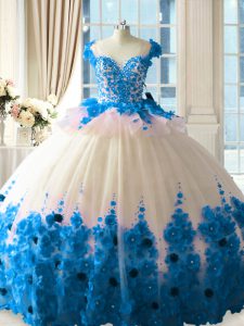 Hot Sale Blue And White Zipper Scoop Hand Made Flower Quinceanera Gowns Tulle Sleeveless Brush Train