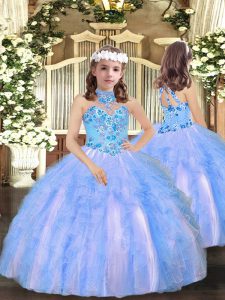 Charming Floor Length Blue Pageant Gowns For Girls Tulle Sleeveless Appliques and Ruffles