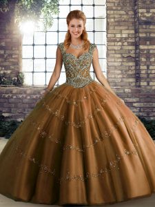 Brown Tulle Lace Up Straps Sleeveless Floor Length 15 Quinceanera Dress Beading and Appliques