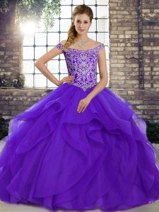 Exquisite Sleeveless Brush Train Lace Up Beading and Ruffles 15 Quinceanera Dress