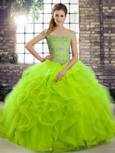 Fantastic Off The Shoulder Sleeveless Quinceanera Gowns Brush Train Beading and Ruffles Tulle