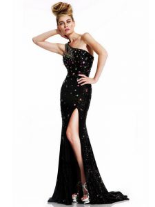Backless Dress for Prom Black for Prom and Party and Military Ball with Beading Brush Train