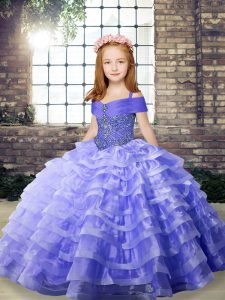 Classical Straps Sleeveless Evening Gowns Brush Train Beading and Ruffled Layers Lavender Organza