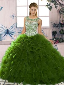 Elegant Scoop Sleeveless Organza Ball Gown Prom Dress Beading and Ruffles Lace Up