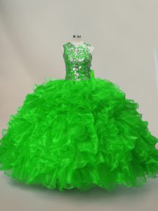 Charming Ball Gowns Scoop Sleeveless Organza Floor Length Lace Up Ruffles and Sequins Ball Gown Prom Dress