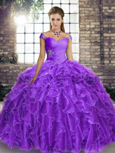 Lavender Off The Shoulder Neckline Beading and Ruffles Sweet 16 Dresses Sleeveless Lace Up