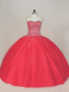 High Class Coral Red Lace Up Sweetheart Beading Quinceanera Dresses Tulle Sleeveless