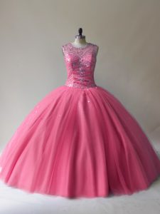 Luxury Floor Length Lace Up Ball Gown Prom Dress Rose Pink for Sweet 16 and Quinceanera with Beading