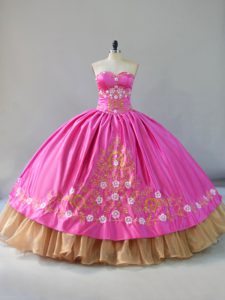Rose Pink Ball Gowns Satin Sweetheart Sleeveless Embroidery Floor Length Lace Up Sweet 16 Dresses