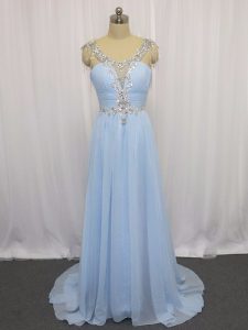 Chic Blue Prom Evening Gown Chiffon Brush Train Sleeveless Beading and Ruching