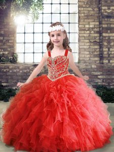 Red Ball Gowns Beading and Ruffles Little Girls Pageant Dress Lace Up Tulle Sleeveless Floor Length