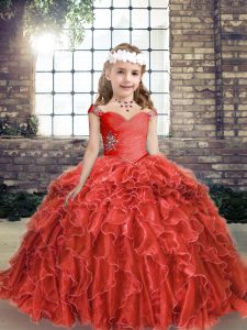 Red Organza Lace Up Straps Sleeveless Floor Length Girls Pageant Dresses Beading and Ruffles