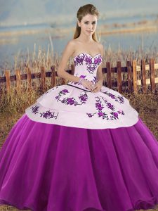 Sleeveless Floor Length Embroidery and Bowknot Lace Up Sweet 16 Quinceanera Dress with White And Purple