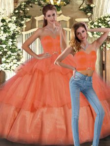 Orange Sweetheart Lace Up Ruffled Layers Quince Ball Gowns Sleeveless