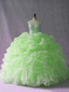 Sleeveless Beading and Ruffles and Pick Ups Lace Up Quince Ball Gowns with Yellow Green Brush Train
