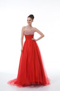 Captivating Sleeveless Beading Zipper Prom Gown with Red