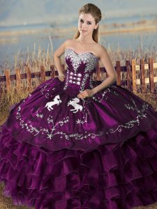 Purple Ball Gowns Embroidery and Ruffles Sweet 16 Dresses Lace Up Satin and Organza Sleeveless Floor Length