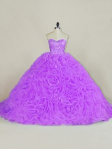Lavender Ball Gowns Sweetheart Sleeveless Fabric With Rolling Flowers Court Train Lace Up Beading Sweet 16 Dress