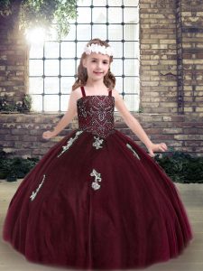 Nice Burgundy Little Girls Pageant Gowns Party and Military Ball and Wedding Party with Beading and Appliques Straps Sle