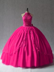 Attractive Fuchsia Sleeveless Floor Length Appliques Lace Up 15th Birthday Dress