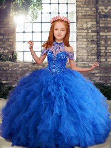 Blue Kids Pageant Dress Party and Wedding Party with Beading and Ruffles High-neck Sleeveless Lace Up