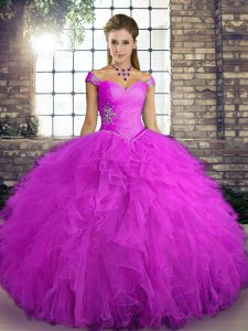 Shining Off The Shoulder Sleeveless Tulle 15th Birthday Dress Beading and Ruffles Lace Up