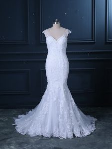 Fancy V-neck Sleeveless Tulle Wedding Gown Beading and Lace Brush Train Clasp Handle