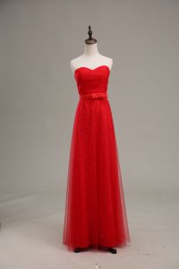 Fantastic Red Tulle Zipper Sweetheart Sleeveless Floor Length Prom Dress Ruching and Belt