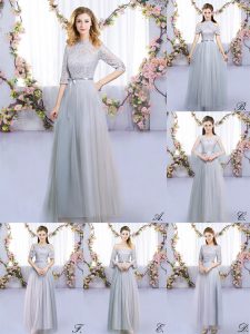 Wonderful Grey Half Sleeves Lace and Belt Floor Length Bridesmaid Dresses