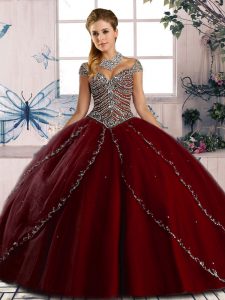 Customized Wine Red Ball Gowns Beading Quinceanera Dress Lace Up Tulle Cap Sleeves