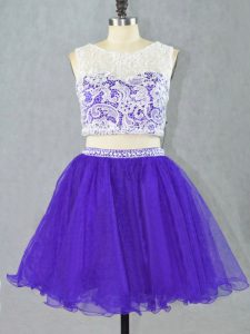 Purple Sleeveless Lace and Appliques Mini Length Prom Gown