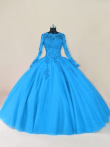 Tulle Scalloped Long Sleeves Zipper Lace and Appliques Vestidos de Quinceanera in Blue