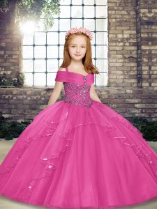 Hot Pink Ball Gowns Straps Sleeveless Tulle Floor Length Lace Up Beading Little Girls Pageant Gowns