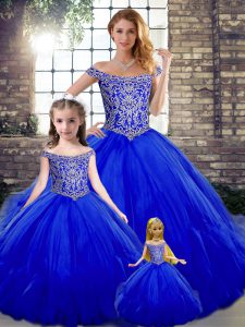 Floor Length Lace Up 15th Birthday Dress Royal Blue for Military Ball and Sweet 16 and Quinceanera with Beading and Ruff