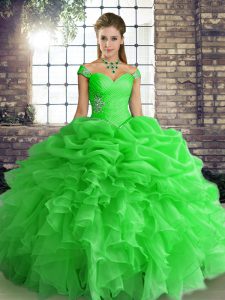 Superior Green Organza Lace Up Off The Shoulder Sleeveless Floor Length 15 Quinceanera Dress Beading and Ruffles and Pic