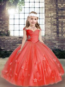 Ball Gowns Sleeveless Coral Red Pageant Gowns For Girls Lace Up