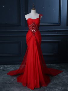 Red Chiffon Zipper One Shoulder Sleeveless Prom Evening Gown Watteau Train Beading and Lace and Appliques