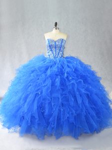 Blue Lace Up Sweetheart Beading and Ruffles Quinceanera Gowns Tulle Sleeveless