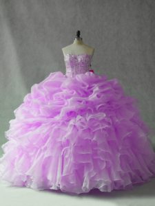 Lilac Strapless Lace Up Beading and Ruffles and Pick Ups Sweet 16 Dress Brush Train Sleeveless