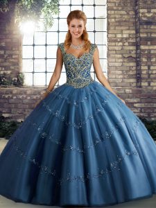 Floor Length Blue Quinceanera Dress Tulle Sleeveless Beading and Appliques