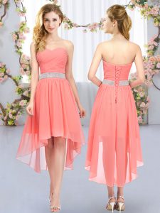 Sleeveless Lace Up High Low Belt Bridesmaid Gown