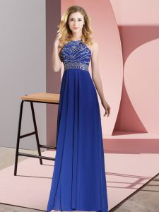 Flare Royal Blue Empire Chiffon Scoop Sleeveless Beading Floor Length Backless Prom Party Dress