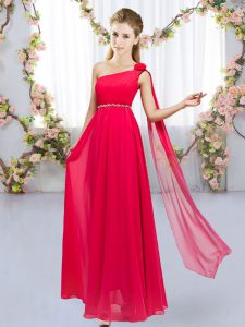 Lovely Sleeveless Floor Length Beading and Hand Made Flower Lace Up Wedding Guest Dresses with Red