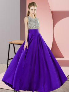 Scoop Sleeveless Prom Party Dress Floor Length Beading Purple Elastic Woven Satin