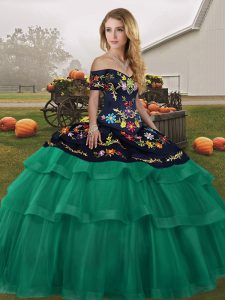 Green Ball Gowns Tulle Off The Shoulder Sleeveless Embroidery and Ruffled Layers Lace Up Quinceanera Gown Brush Train